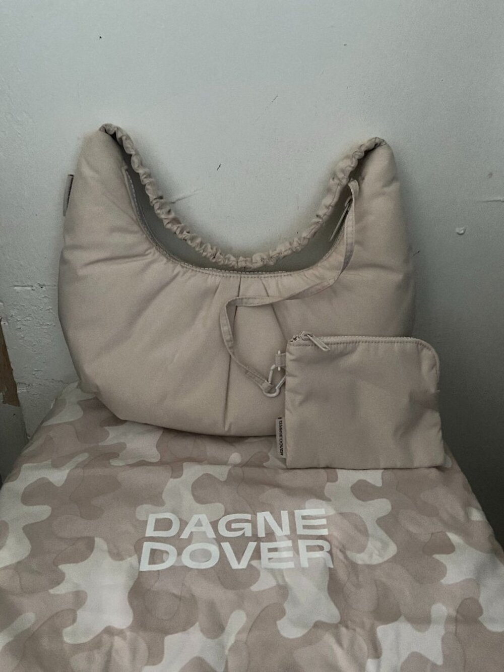Dagne Dover Rider Puffer Crescent Shoulder Bag With Zip Pouch In Moonbeam Cream